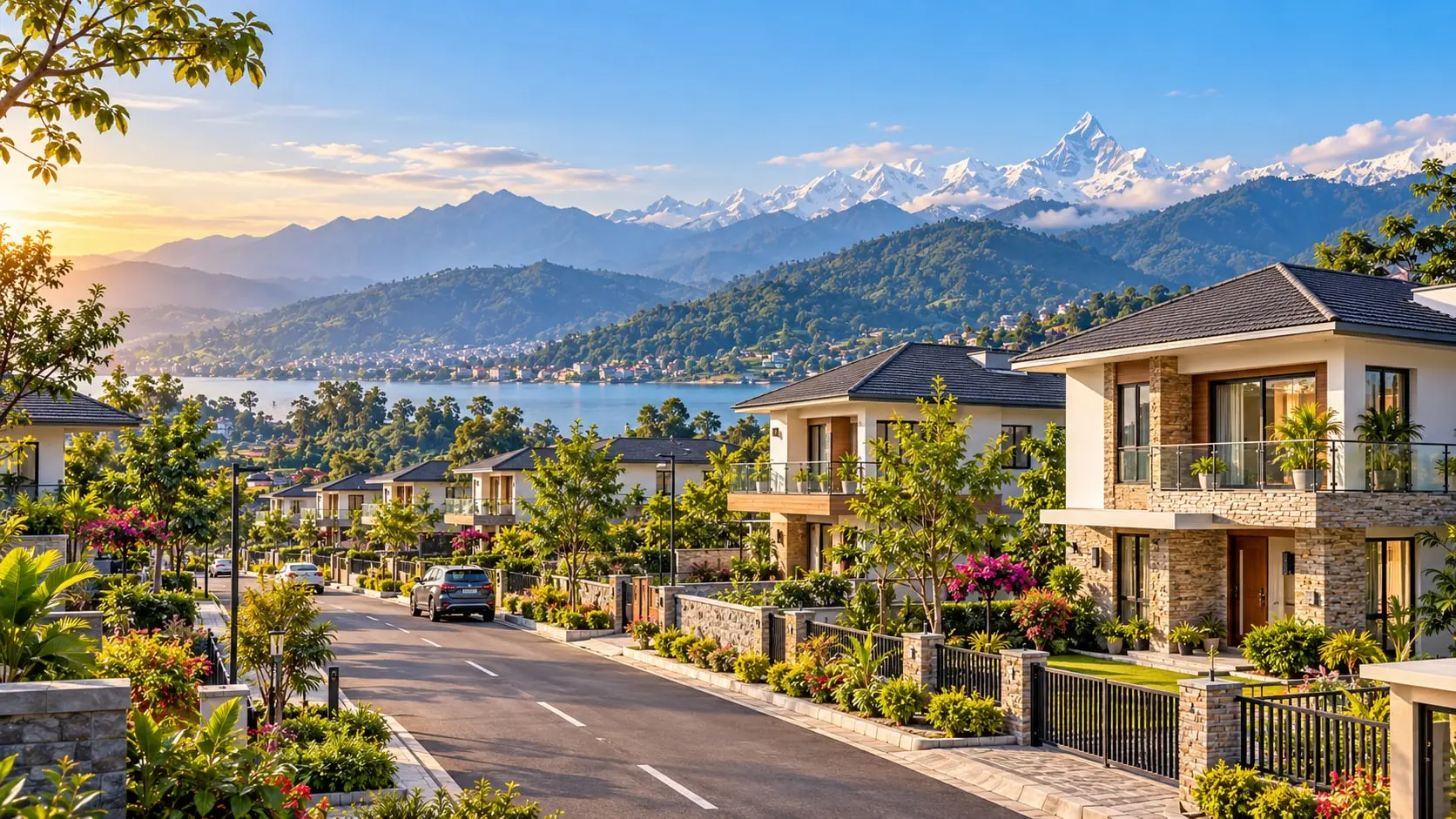 Design concept for Ample Cozy Homes: modern two-storey homes with stone and white walls along a landscaped street, with a lake and the Annapurna range behind